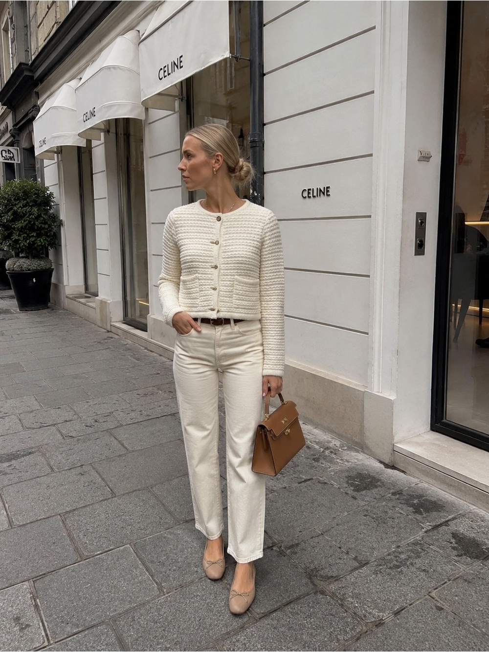 SHEIN Cream Textured Knit Button-Front Cardigan